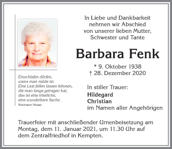 Traueranzeige von Barbara Fenk von Allgäuer Zeitung,Kempten