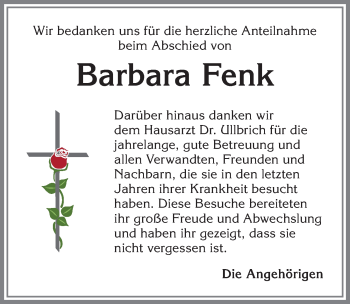 Traueranzeige von Barbara Fenk von Allgäuer Zeitung,Kempten