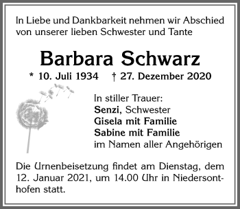 Traueranzeige von Barbara Schwarz von Allgäuer Anzeigeblatt