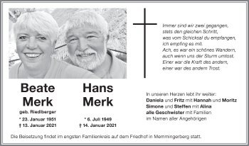 Traueranzeige von Beate Merk von Memminger Zeitung