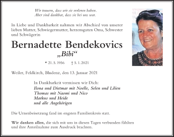 Traueranzeige von Bernadette Bendekovics von Der Westallgäuer