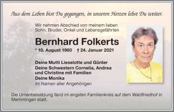 Traueranzeige von Bernhard Folkerts von Memminger Zeitung