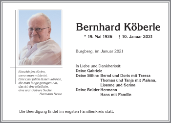 Traueranzeige von Bernhard Köberle von Allgäuer Anzeigeblatt