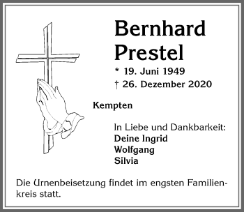 Traueranzeige von Bernhard Prestel von Allgäuer Zeitung,Kempten