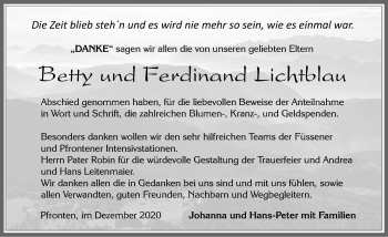 Traueranzeige von Betty und Ferdinand Lichtblau von Allgäuer Zeitung, Füssen
