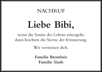 Traueranzeige von Bibi Bendekovics von Der Westallgäuer