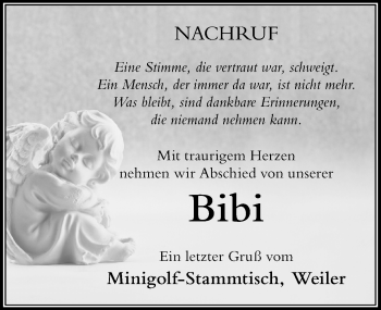 Traueranzeige von Bibi Bendekovics von Der Westallgäuer