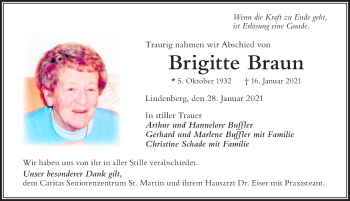 Traueranzeige von Brigitte Braun von Der Westallgäuer