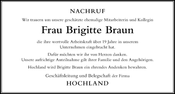 Traueranzeige von Brigitte Braun von Der Westallgäuer