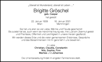 Traueranzeige von Brigitte Gröschel von Memminger Zeitung