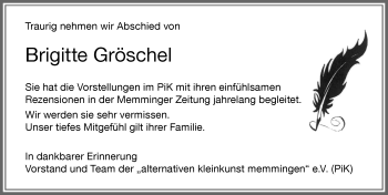 Traueranzeige von Brigitte Gröschel von Memminger Zeitung