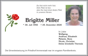 Traueranzeige von Brigitte Miller von Allgäuer Anzeigeblatt