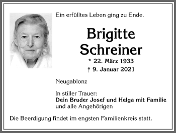Traueranzeige von Brigitte Schreiner von Allgäuer Zeitung, Kaufbeuren/Buchloe