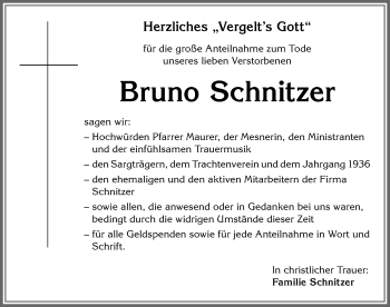 Traueranzeige von Bruno Schnitzer von Allgäuer Zeitung, Füssen