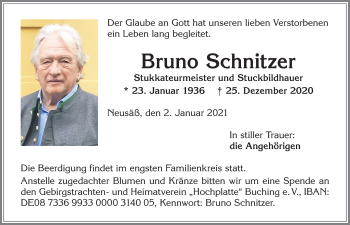 Traueranzeige von Bruno Schnitzer von Allgäuer Zeitung, Füssen