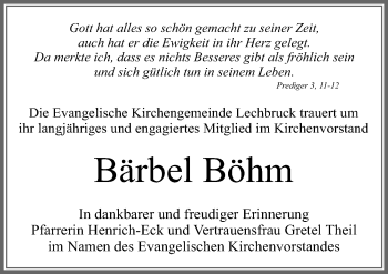Traueranzeige von Bärbel Böhm von Allgäuer Zeitung, Füssen