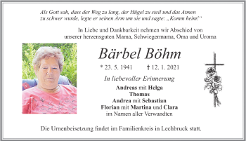 Traueranzeige von Bärbel Böhm von Allgäuer Zeitung, Füssen