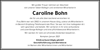 Traueranzeige von Caroline Bohn von Allgäuer Zeitung,Kempten