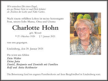 Traueranzeige von Charlotte Hohn von Der Westallgäuer