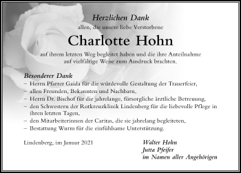 Traueranzeige von Charlotte Hohn von Der Westallgäuer