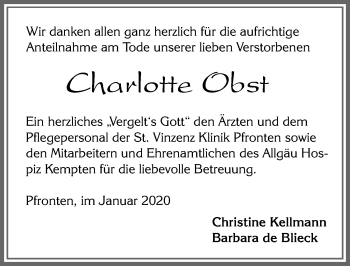 Traueranzeige von Charlotte Obst von Allgäuer Zeitung, Füssen