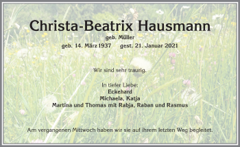 Traueranzeige von Christa-Beatrix Hausmann von Allgäuer Anzeigeblatt