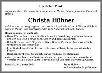 Traueranzeige von Christa Hübner von Allgäuer Zeitung,Kempten
