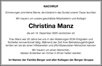 Traueranzeige von Christina Manz von Memminger Zeitung