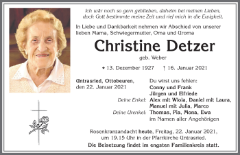 Traueranzeige von Christine Detzer von Allgäuer Zeitung, Marktoberdorf