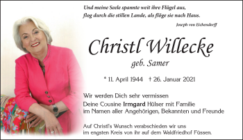 Traueranzeige von Christl Willecke von Allgäuer Zeitung, Füssen