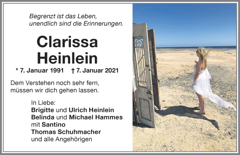  Traueranzeige für Clarissa Heinlein vom 16.01.2021 aus Memminger Zeitung