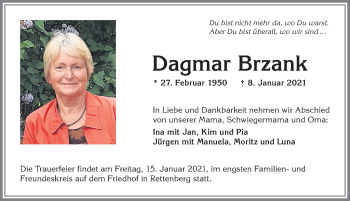 Traueranzeige von Dagmar Brzank von Allgäuer Anzeigeblatt