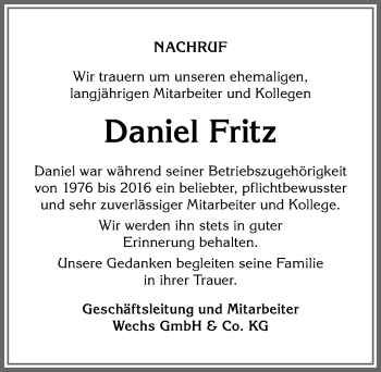 Traueranzeige von Daniel Fritz von Allgäuer Anzeigeblatt