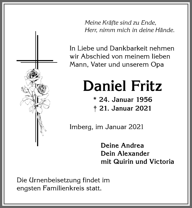  Traueranzeige für Daniel Fritz vom 25.01.2021 aus Allgäuer Anzeigeblatt