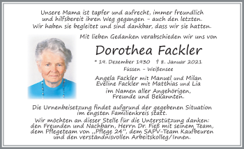 Traueranzeige von Dorothea Fackler von Allgäuer Zeitung, Füssen