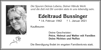 Traueranzeige von Edeltraud Bussinger von Allgäuer Zeitung, Kaufbeuren/Buchloe
