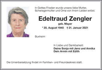 Traueranzeige von Edeltraud Zengler von Memminger Zeitung