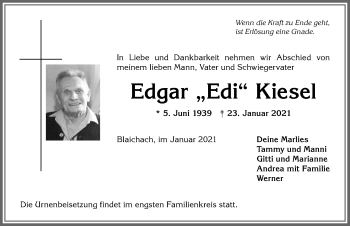 Traueranzeige von Edgar Kiesel von Allgäuer Anzeigeblatt