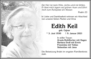 Traueranzeige von Edith Keil von Allgäuer Zeitung, Kaufbeuren/Buchloe