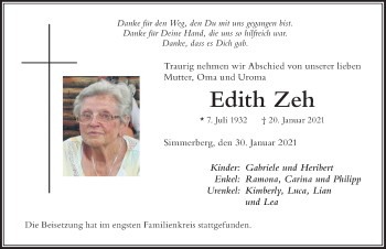 Traueranzeige von Edith Zeh von Der Westallgäuer