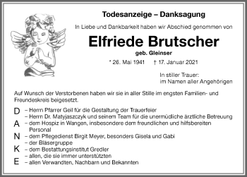 Traueranzeige von Elfriede Brutscher von Memminger Zeitung