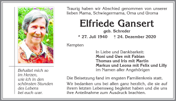 Traueranzeige von Elfriede Gansert von Allgäuer Zeitung,Kempten