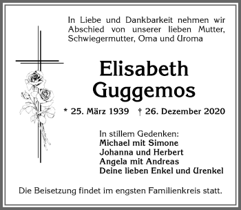Traueranzeige von Elisabeth Guggemos von Allgäuer Zeitung,Kempten