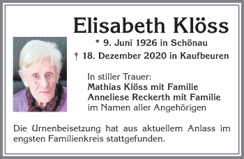 Traueranzeige von Elisabeth Klöss von Allgäuer Zeitung, Kaufbeuren/Buchloe