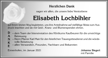 Traueranzeige von Elisabeth Lochbihler von Allgäuer Zeitung, Marktoberdorf
