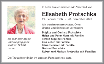 Traueranzeige von Elisabeth Protschka von Allgäuer Zeitung