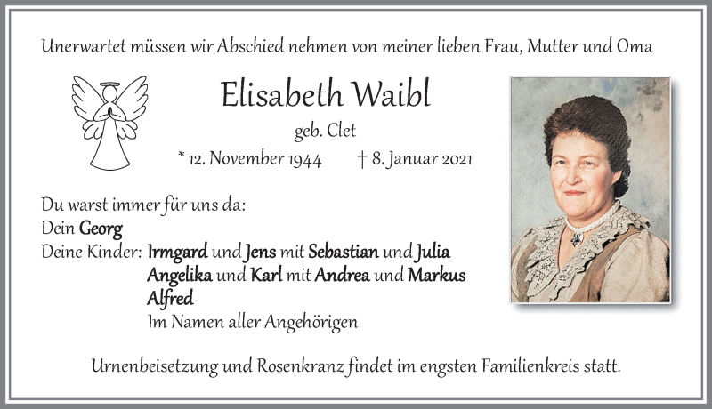  Traueranzeige für Elisabeth Waibl vom 15.01.2021 aus Allgäuer Zeitung, Kaufbeuren/Buchloe