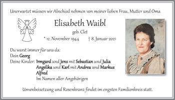 Traueranzeige von Elisabeth Waibl von Allgäuer Zeitung, Kaufbeuren/Buchloe