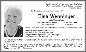 Traueranzeige von Elsa Wenninger von Allgäuer Zeitung,Kempten