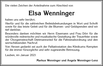 Traueranzeige von Elsa Wenninger von Allgäuer Zeitung,Kempten